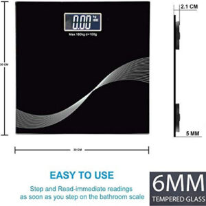 A top and side-view product image of a black digital bathroom scale featuring an elegant white S-curve design, a digital display, and labels indicating dimensions of 30cm by 30cm.