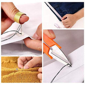A collage showing various sewing tasks, including someone using a gold thimble to sew a button, measuring fabric with a tape measure, using thread snips to cut thread, and using a safety pin on yellow knit fabric.