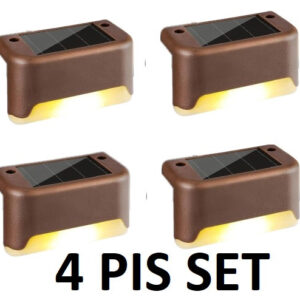Here are 9 alt text options for the solar stair lamp set, ranging from descriptive to e-commerce focused: Descriptive: A set of four brown outdoor solar-powered stair lights, each featuring a solar panel on top and a glowing warm-white LED light at the bottom.