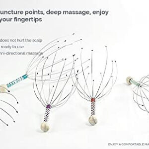 Four manual head scalp massagers with wire prongs ending in protective beads, arranged on a white background, featuring colorful wrapped handles.