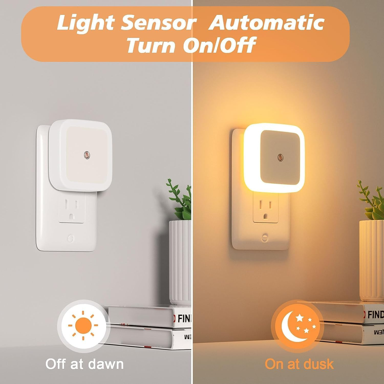 Dusk to dawn automatic sensor light illuminating a dark hallway and stairs
