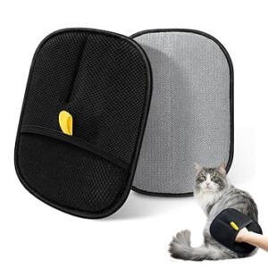Two handheld pet hair remover pads, one in black and one in light gray, featuring a textured mesh surface and a yellow pull tab, with an inset showing one being used to groom a cat.