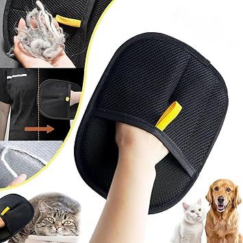 Product shot of two pet hair removal mitts with textured surfaces and yellow finger tabs, including a small demonstration of a person using one on a fluffy cat.