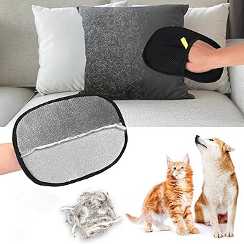 Textured pet hair remover pads for grooming cats and dogs, displayed with one black pad and one light gray pad.