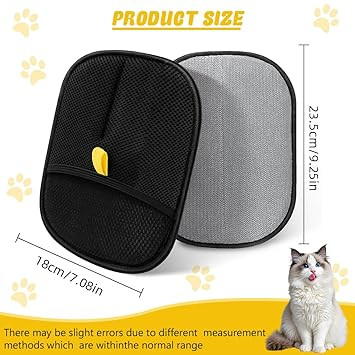 Set of two pet grooming and shedding hair remover pads with mesh texture and yellow handle loops, used for removing loose fur from pets.