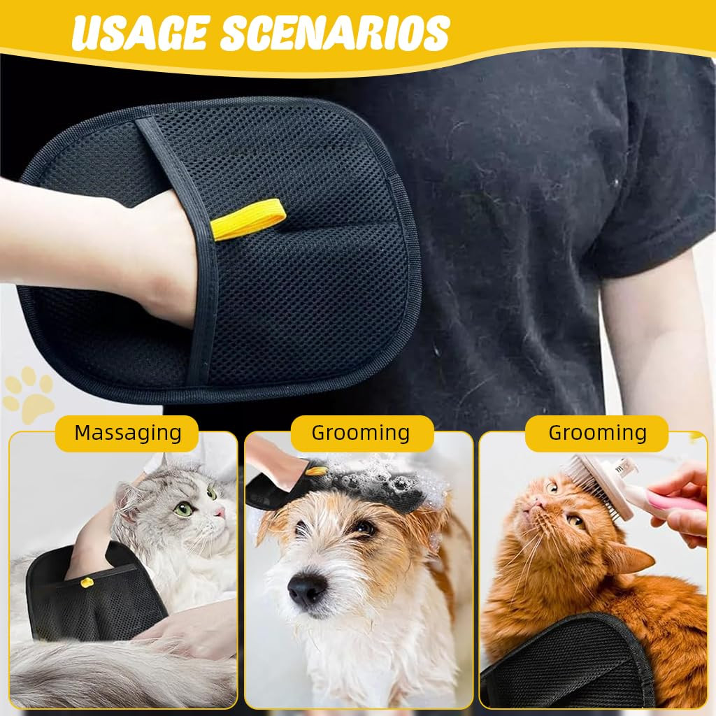 Pair of textured pet grooming pads with a small inset image demonstrating their use on a cat.
