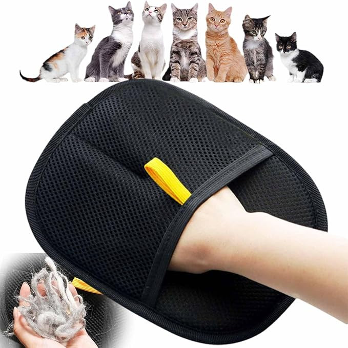 A person using a black textured handheld pad to remove loose hair from the back of a fluffy gray and white cat, with two pads displayed prominently in the background.
