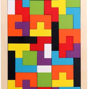 A wooden rectangular tray filled with various colorful, Tetris-like geometric wooden blocks, tightly fitted together to form a complete puzzle. The words "Wood Intelligence" are printed at the top of the tray.