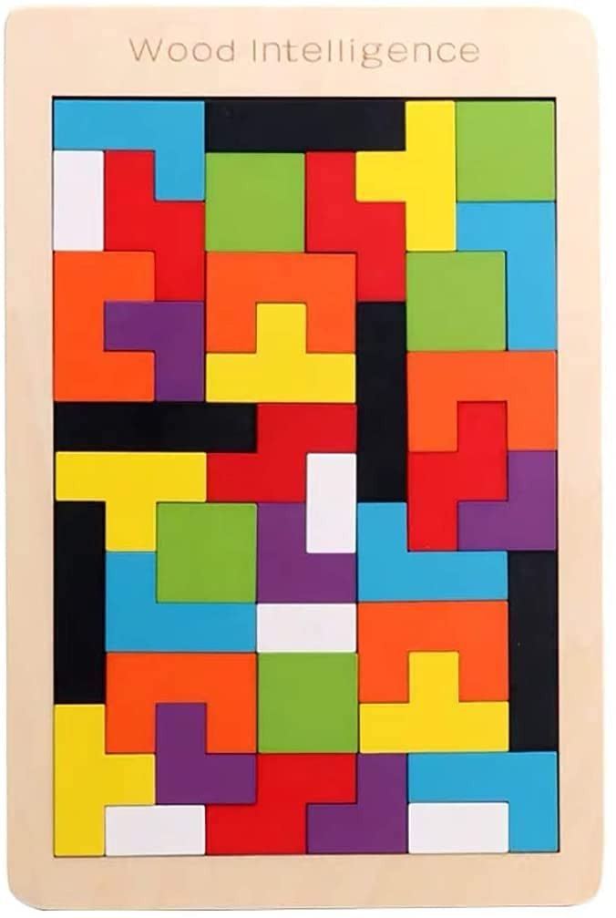 A wooden rectangular tray filled with various colorful, Tetris-like geometric wooden blocks, tightly fitted together to form a complete puzzle. The words "Wood Intelligence" are printed at the top of the tray.