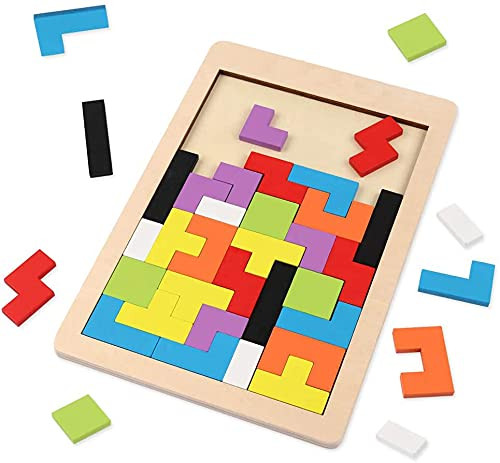A complete rectangular wooden logic puzzle featuring interlocking geometric shapes in various bright colors like red, blue, green, yellow, orange, and purple.