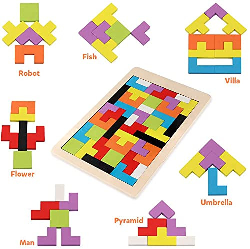 Wood Intelligence" educational brain teaser puzzle featuring a set of colorful, polyomino-shaped wooden blocks arranged perfectly within a wooden frame
