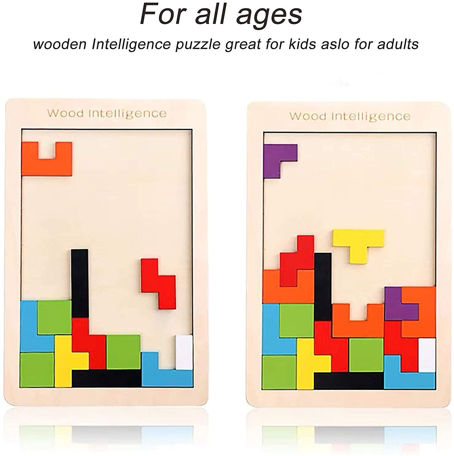 Overhead view of a wooden board puzzle. The rectangular frame contains dozens of small, brightly colored wooden pieces in different shapes (L-shapes, T-shapes, squares, and straight bars) interlocked to fill the entire space