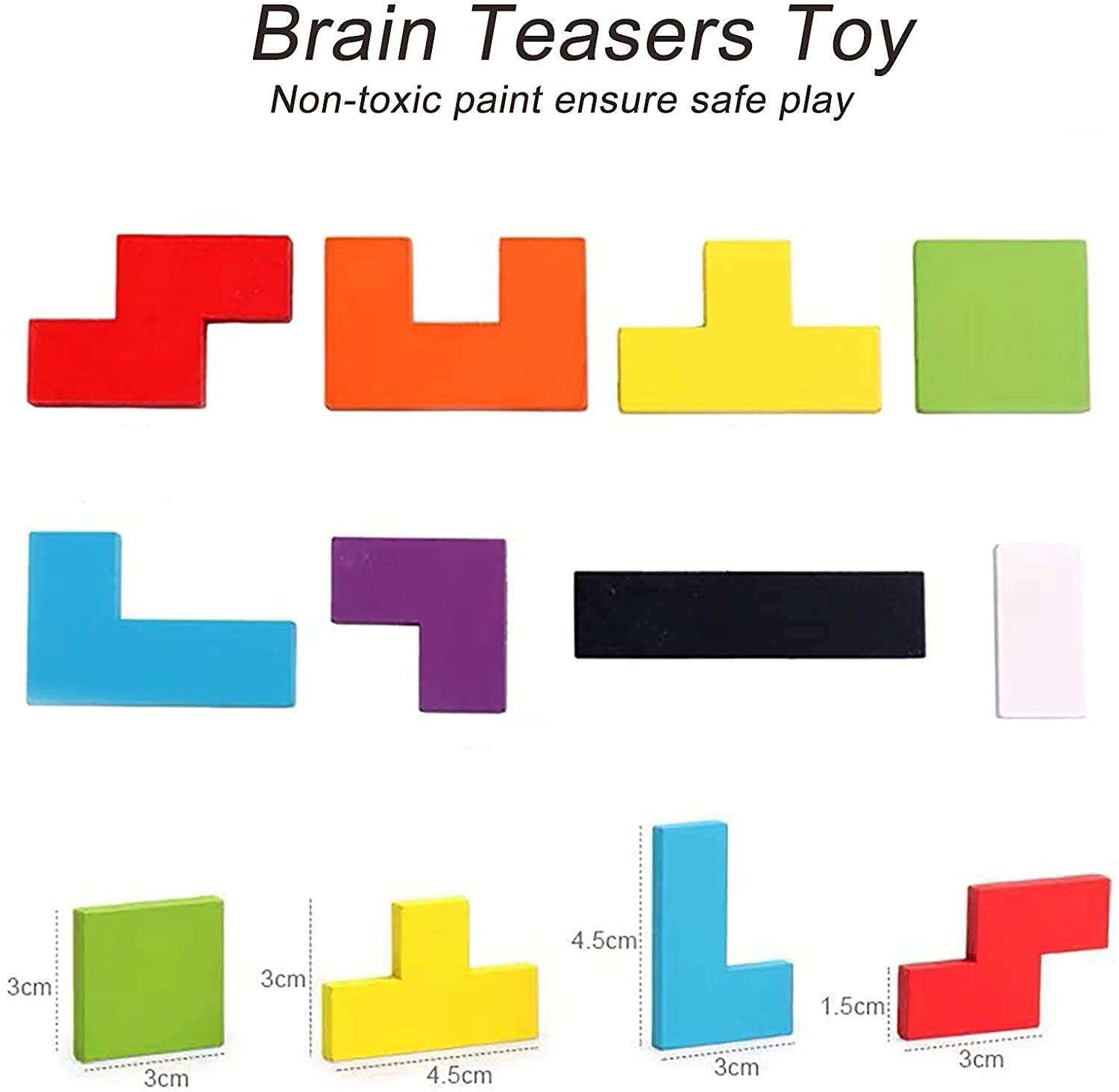 A colorful wooden block puzzle with various geometric shapes tightly arranged in a rectangular wooden frame.