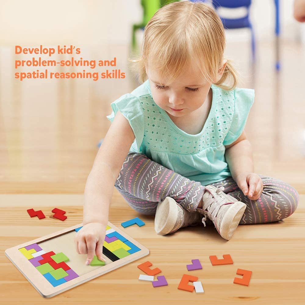 Wooden geometric brain teaser puzzle for kids, featuring colorful interlocking polyomino blocks in a rectangular wooden board frame.