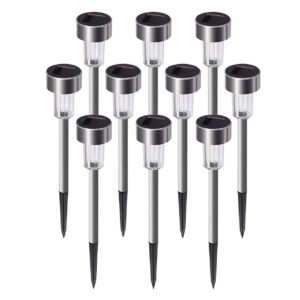 A set of 10 identical solar-powered outdoor garden path lights arranged in a grid, featuring metallic silver bodies, clear lens housings, and black ground stakes.